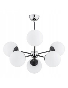 Nowoczesny żyrandol SANDY CHROM z 6 punktami świetlnymi i białymi kulami – eleganckie oświetlenie do biura i salonu