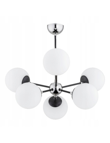 Nowoczesny żyrandol SANDY CHROM z 6 punktami świetlnymi i białymi kulami – eleganckie oświetlenie do biura i salonu