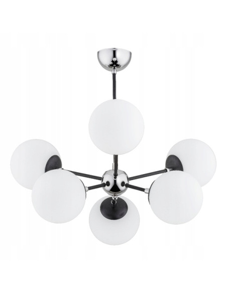 Nowoczesny żyrandol SANDY CHROM z 6 punktami świetlnymi i białymi kulami – eleganckie oświetlenie do biura i salonu