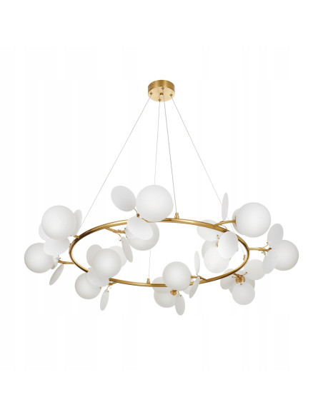 Żyrandol nowoczesny CHIC w złocie z białymi kloszami – elegancka lampa do salonu i jadalni