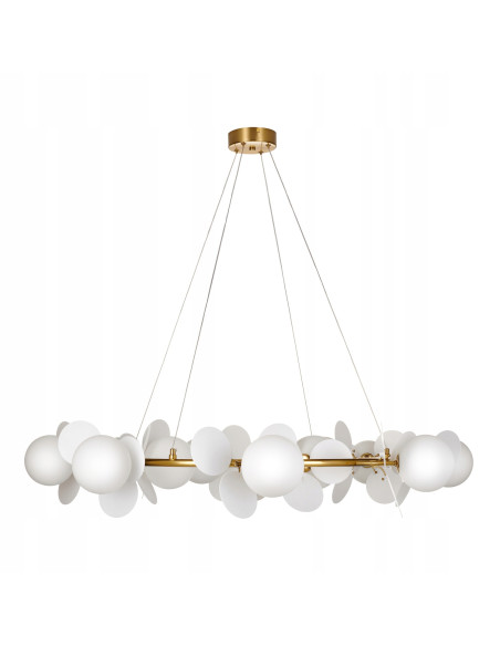 Żyrandol nowoczesny CHIC w złocie z białymi kloszami – elegancka lampa do salonu i jadalni