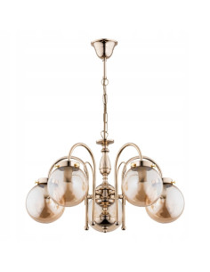 Złoty żyrandol HERO z miodowymi akcentami, elegancki design, 5-punktowe oświetlenie E14, nowoczesność i luksus.