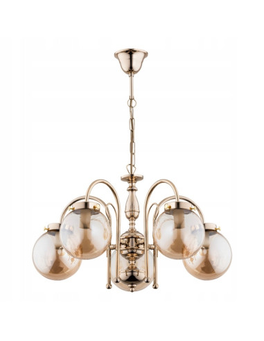 Złoty żyrandol HERO z miodowymi akcentami, elegancki design, 5-punktowe oświetlenie E14, nowoczesność i luksus.