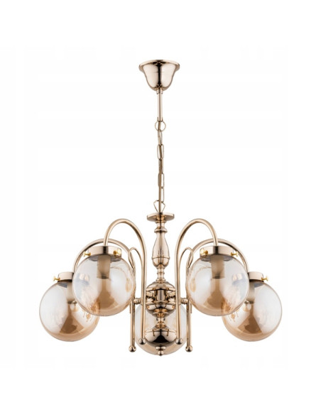 Złoty żyrandol HERO z miodowymi akcentami, elegancki design, 5-punktowe oświetlenie E14, nowoczesność i luksus.