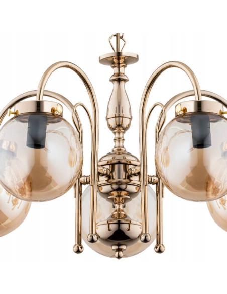 Złoty żyrandol HERO z miodowymi akcentami, elegancki design, 5-punktowe oświetlenie E14, nowoczesność i luksus.