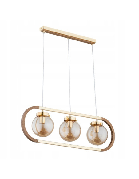 Lampa sufitowa RINO z drewna miodowego w eleganckim złotym stelażu, idealna do nowoczesnych wnętrz