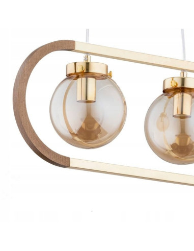 Lampa sufitowa RINO z drewna miodowego w eleganckim złotym stelażu, idealna do nowoczesnych wnętrz