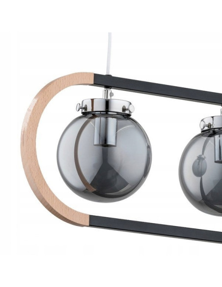 Lampa wisząca RINO BLACK – nowoczesny żyrandol w stylu skandynawskim z chromowanymi kloszami i drewnianymi detalami