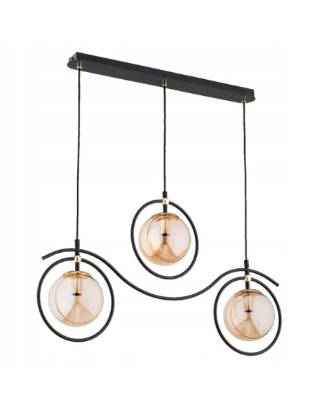Lampa wisząca KIRA w czarno-złotym wykończeniu z bursztynowymi bańkami, 3-punktowe oświetlenie do wnętrz glamour.