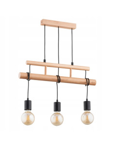Lampa wisząca Estra 3-punktowa w stylu chińsko-loftowym z drewnianymi detalami, czarna i naturalna.