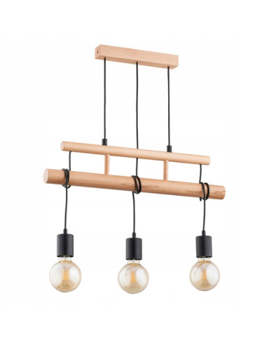 Lampa wisząca Estra 3-punktowa w stylu chińsko-loftowym z drewnianymi detalami, czarna i naturalna.
