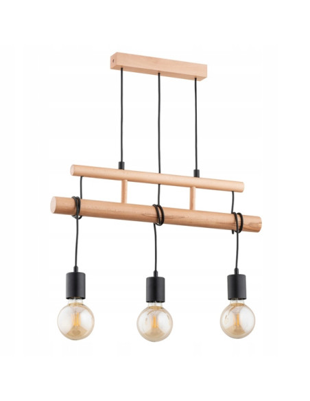 Lampa wisząca Estra 3-punktowa w stylu chińsko-loftowym z drewnianymi detalami, czarna i naturalna.
