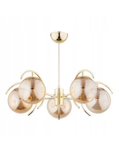 Luksusowy żyrandol EL-DORADO, złota oprawa z bursztynowymi kloszami, 5 punktów światła do eleganckich wnętrz