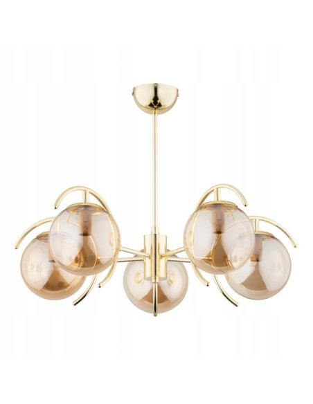 Luksusowy żyrandol EL-DORADO, złota oprawa z bursztynowymi kloszami, 5 punktów światła do eleganckich wnętrz