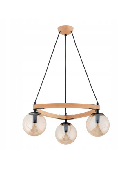 Żyrandol loftowy ADINA - trójkątna lampa wisząca z drewna i metalu, 3-punkty E14, elegancka do kuchni i salonu.