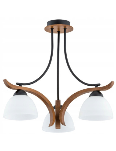 Żyrandol BAFIA - Elegancki żyrandol drewniany z białym szkłem, 3xE27, klasyczny design do salonu i biura