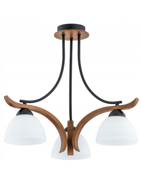 Żyrandol BAFIA - Elegancki żyrandol drewniany z białym szkłem, 3xE27, klasyczny design do salonu i biura