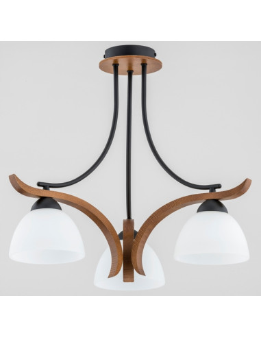 Żyrandol BAFIA - Elegancki żyrandol drewniany z białym szkłem, 3xE27, klasyczny design do salonu i biura
