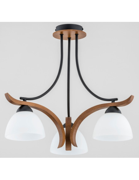 Żyrandol BAFIA - Elegancki żyrandol drewniany z białym szkłem, 3xE27, klasyczny design do salonu i biura