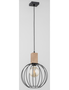 Lampa wisząca ARIZAN w stylu industrialnym z drewnianymi akcentami, czarny metalowy klosz do wnętrz i jadalni. 2