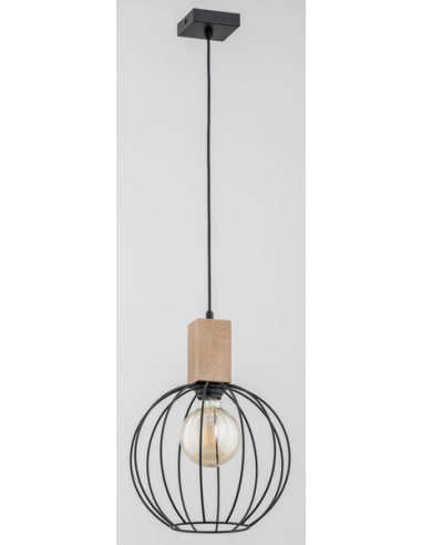 Lampa wisząca ARIZAN w stylu industrialnym z drewnianymi akcentami, czarny metalowy klosz do wnętrz i jadalni.