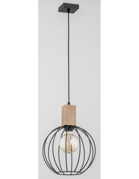 Lampa wisząca ARIZAN w stylu industrialnym z drewnianymi akcentami, czarny metalowy klosz do wnętrz i jadalni.