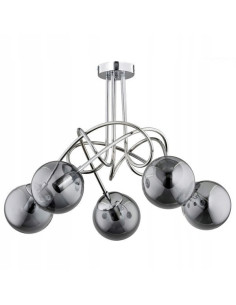 Nowoczesny żyrandol TANGO GLASS z pięcioma kulistymi kloszami i srebrnymi akcentami do biura i domu