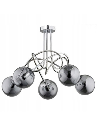 Nowoczesny żyrandol TANGO GLASS z pięcioma kulistymi kloszami i srebrnymi akcentami do biura i domu