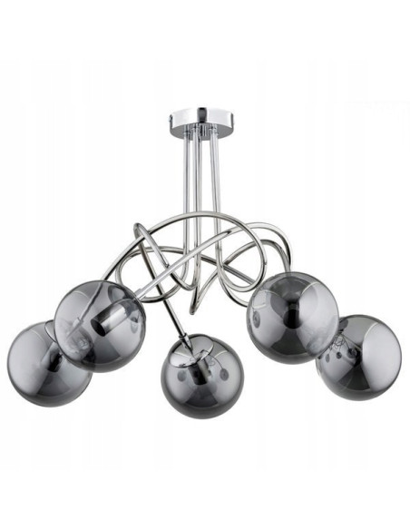 Nowoczesny żyrandol TANGO GLASS z pięcioma kulistymi kloszami i srebrnymi akcentami do biura i domu