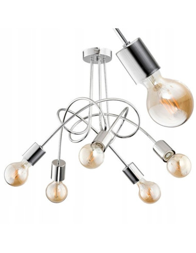 Lampa wisząca TANGO CHROME 5-punktowa, nowoczesny żyrandol w minimalistycznym stylu, metalowa konstrukcja w chromie