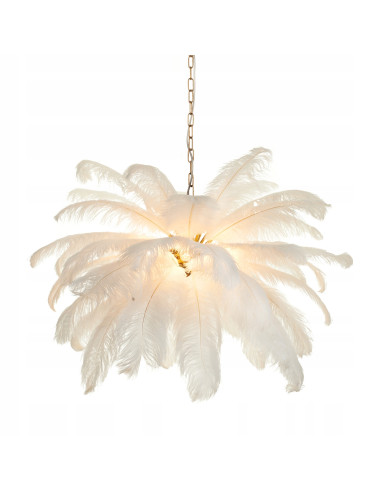 Elegancka lampa w kształcie palmy z piórami, złote wykończenie, idealna do salonu i nowoczesnych wnętrz.