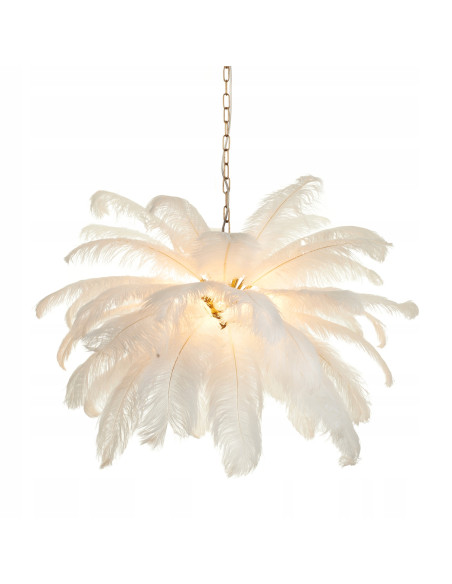 Elegancka lampa w kształcie palmy z piórami, złote wykończenie, idealna do salonu i nowoczesnych wnętrz.