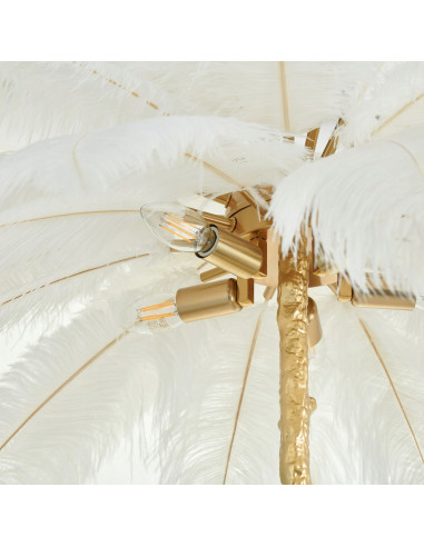 Elegancka lampa w kształcie palmy z piórami, złote wykończenie, idealna do salonu i nowoczesnych wnętrz.
