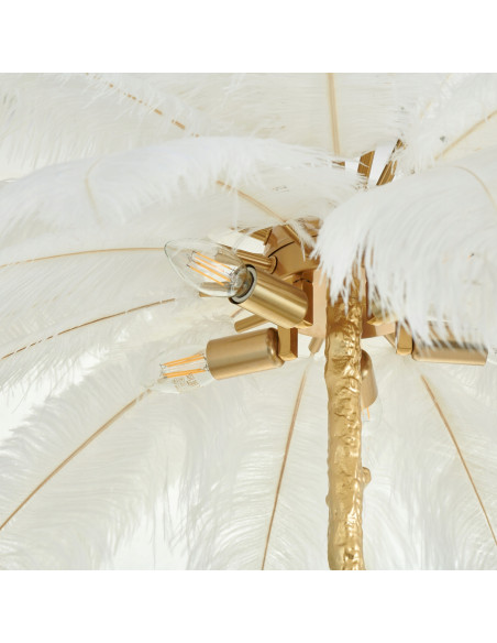 Elegancka lampa w kształcie palmy z piórami, złote wykończenie, idealna do salonu i nowoczesnych wnętrz.