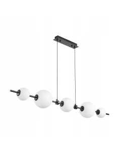 Lampa wisząca MILA - Nowoczesna lampa z 5 białymi kloszami na czarnej listwie do kuchni i salonu