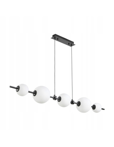 Lampa wisząca MILA - Nowoczesna lampa z 5 białymi kloszami na czarnej listwie do kuchni i salonu