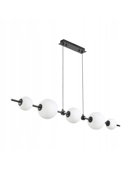Lampa wisząca MILA - Nowoczesna lampa z 5 białymi kloszami na czarnej listwie do kuchni i salonu