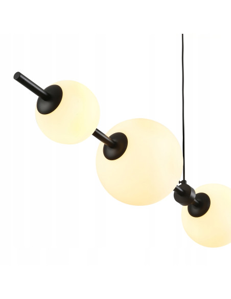 Lampa wisząca MILA - Nowoczesna lampa z 5 białymi kloszami na czarnej listwie do kuchni i salonu