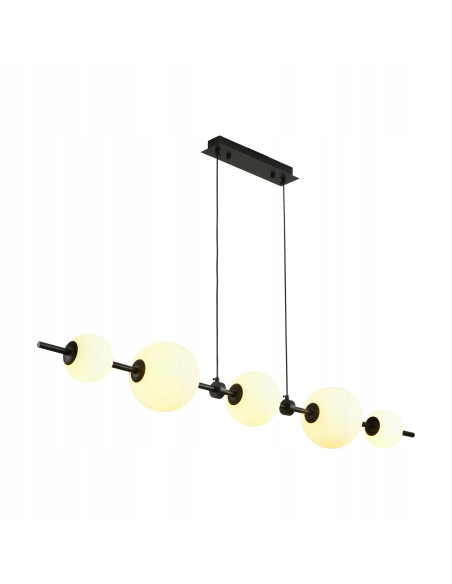 Lampa wisząca MILA - Nowoczesna lampa z 5 białymi kloszami na czarnej listwie do kuchni i salonu