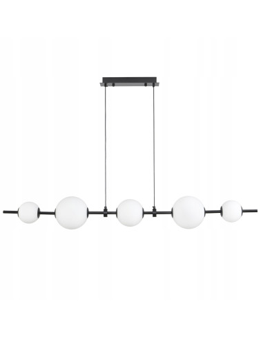 Lampa wisząca MILA - Nowoczesna lampa z 5 białymi kloszami na czarnej listwie do kuchni i salonu