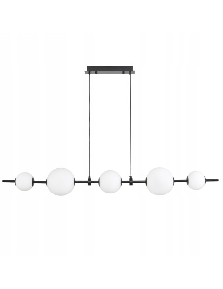 Lampa wisząca MILA - Nowoczesna lampa z 5 białymi kloszami na czarnej listwie do kuchni i salonu