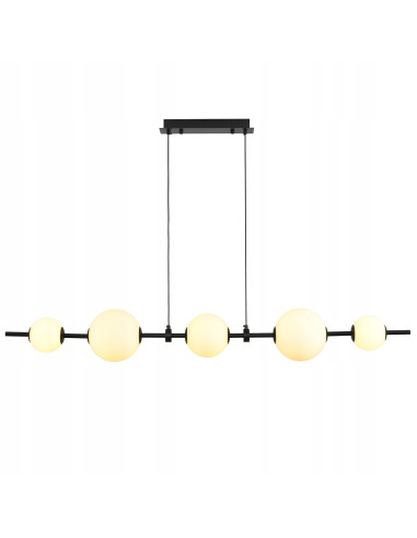 Lampa wisząca MILA - Nowoczesna lampa z 5 białymi kloszami na czarnej listwie do kuchni i salonu