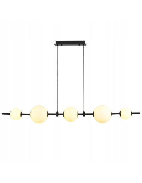 Lampa wisząca MILA - Nowoczesna lampa z 5 białymi kloszami na czarnej listwie do kuchni i salonu