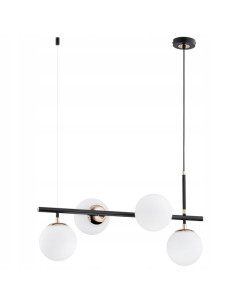 Lampa wisząca FIORE z białymi kloszami i złotymi akcentami, czarny stelaż, 4-punktowe oświetlenie do wnętrz.