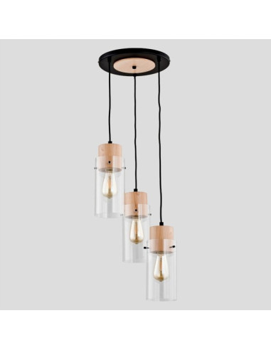 Lampa wisząca TANTUM - industrialne oświetlenie z 3 punktami świetlnymi, drewniana, elegancka do salonu i jadalni