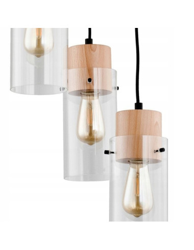 Lampa wisząca TANTUM - industrialne oświetlenie z 3 punktami świetlnymi, drewniana, elegancka do salonu i jadalni