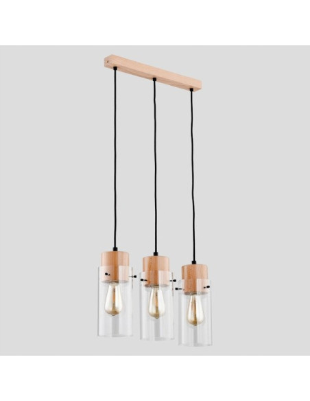 Lampa wisząca TANTUM - Drewniana lampa loftowa z trzema punktami świetlnymi do jadalni i salonu, styl minimalistyczny