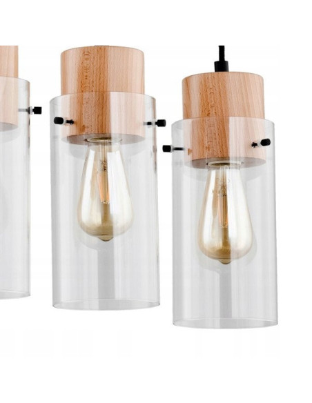 Lampa wisząca TANTUM - Drewniana lampa loftowa z trzema punktami świetlnymi do jadalni i salonu, styl minimalistyczny