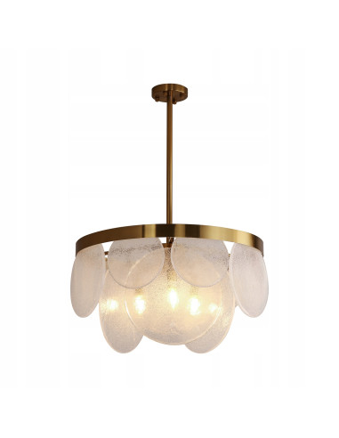Nowoczesny żyrandol AURORA ze szkła i mosiądzu, idealny do salonu i jadalni, z eleganckim designem i przyjemnym światłem.