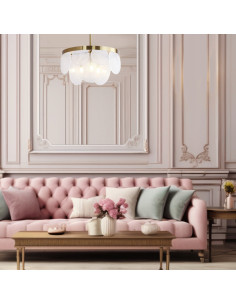 Nowoczesny żyrandol AURORA ze szkła i mosiądzu, idealny do salonu i jadalni, z eleganckim designem i przyjemnym światłem. 2